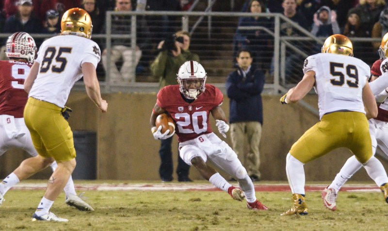 Junior running back Bryce Love (above) leads the nation in rushing yards (787) and hasn't been held under 100 yards in any game this season.(SAM GIRVIN/The Stanford Daily)
