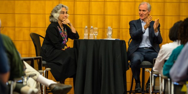 University President Marc Tessier-Lavigne and Provost Persis Drell held a town hall on Wednesday (Courtesy of Stanford News).