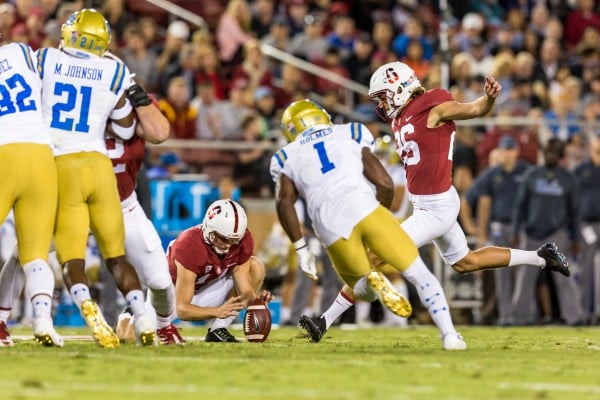 Stanford kicker Jet Toner has converted 33 consecutive kicks for Stanford. The sophomore is one of just seven kickers in the FBS with a perfect record this season (SYLER PERALTA-RAMOS/The Stanford Daily).