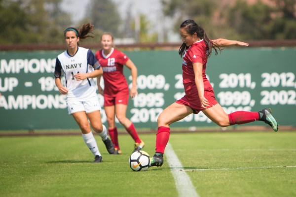 Junior midfielder Michelle Xiao (right) scored two goals in the dominant 6-0 victory over Arizona State.(AL CHANG/Stanford Athletics)