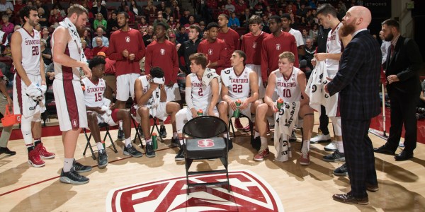 Stanford men’s basketball regroups during a timeout against Saint Mary. While the Cardinal certainly did not have the season they expected last year, there were many positives. (BILL DALLY/isiphotos.com)