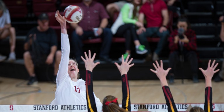 Fifth-year senior Merete Lutz led the team with 12 kills against Utah in her final regular season game at home.(ERIN CHANG/isiphotos.com)