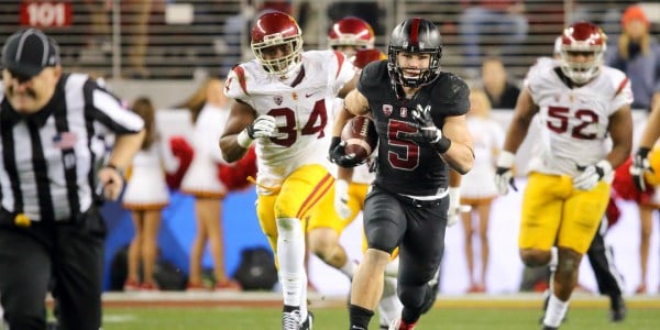 Running back Christian McCaffrey's '17 Heisman runner-up campaign in 2015 featured a dominating performance against USC in the 2015 Pac-12 Championship. He totaled 461 all-purpose yards and scored a passing, receiving and rushing touchdown in the 41-22 win.(BOB DREBIN/isiphotos.com)