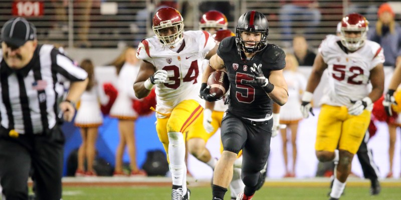 Running back Christian McCaffrey's '17 Heisman runner-up campaign in 2015 featured a dominating performance against USC in the 2015 Pac-12 Championship. He totaled 461 all-purpose yards and scored a passing, receiving and rushing touchdown in the 41-22 win.(BOB DREBIN/isiphotos.com)