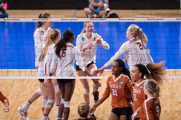 Fifth-year senior Merete Lutz delivered the final kill to sweep Texas and send women's volleyball to the NCAA Final Four in Kansas City.(LEE FEINSWOG/VolleyBallMag.com)