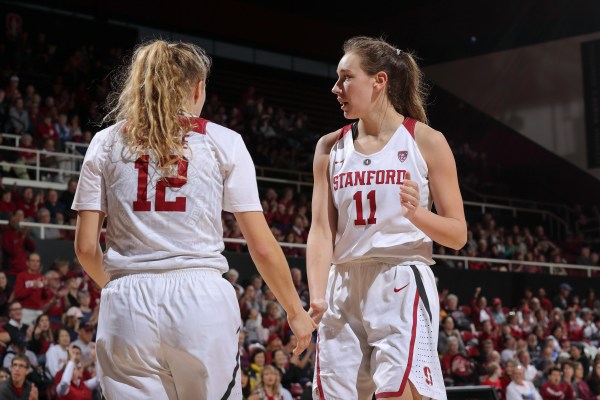 Senior Brittany McPhee (#12 above) and junior Alanna Smith (#11, above) spurred the Cardinal on Friday against the Bruins. McPhee had 13 fourth-quarter points, while Smith recorded her fifth double-double in eight games. (BOB DREBIN/isiphotos.com)