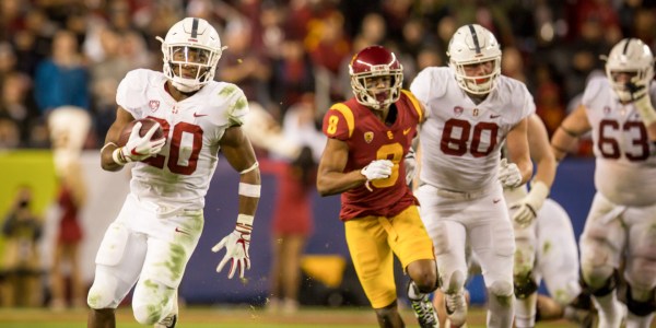 Junior running back Bryce Love (20) fought through injury against USC. He rushed for 125 rushing yards on 22 carries and one touchdown in the 31-28 loss to USC in the Pac-12 Championship.(SYLER PERALTA-RAMOS/isiphotos.com)