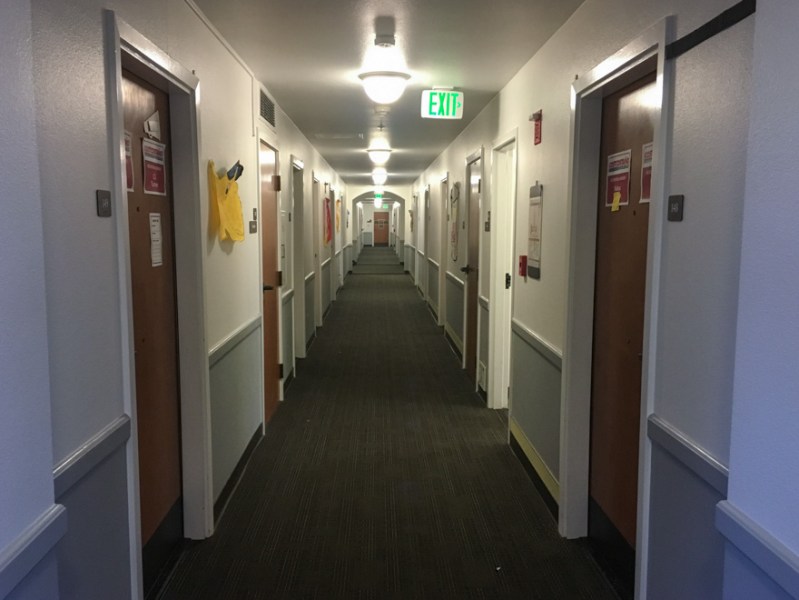 An empty hallway in Castaño undergraduate housing.