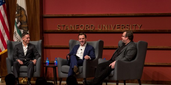 Reid Hoffman and Peter Thiel at the first event in the Cardinal Conversations series (MICHAEL SPENCER/The Stanford Daily)