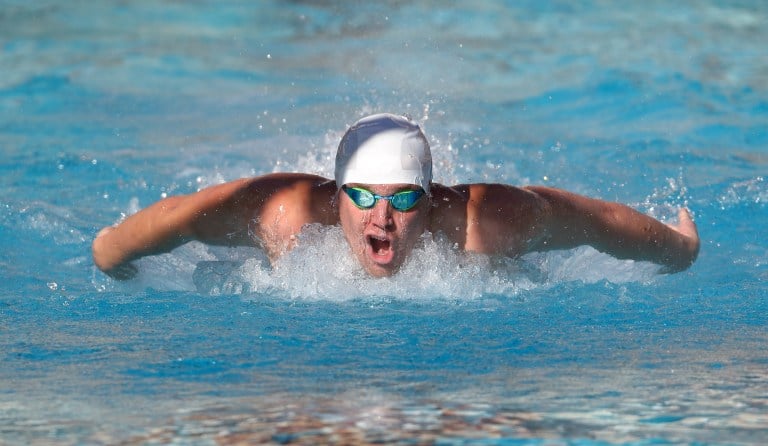 Sophomore Grant Shoults (above) broke his own pool record in the 500 free which helped Stanford defeat No. 1 Cal.(HECTOR GARCIA MOLINA/isiphotos.com)