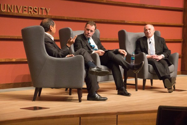 In a "Cardinal Conversation" at the Hoover Institution on Thursday night, Francis Fukuyama and Charles Murray discussed inequality and populism. (ALYSSA DIAZ/The Stanford Daily)