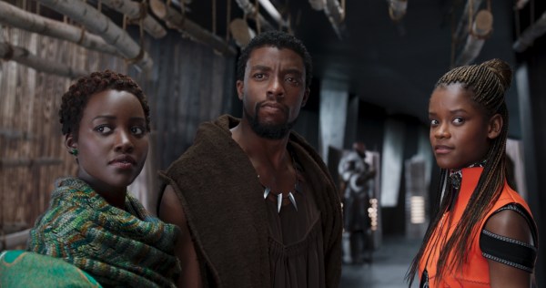 Nakia (Lupita N'yongo, left), T'Challa (Chadwick Boseman, center), and Shuri (Letitia Wright, right) join forces in "Black Panther." (Courtesy of Marvel Studios)