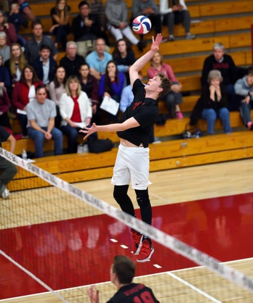 Eric Beatty led the team with a career-high 18 kills and seven digs on Saturday night against UC San Diego. The team ended a losing streak with a win in San Diego. (HECTOR GARCIA-MOLINA/The Stanford Daily)