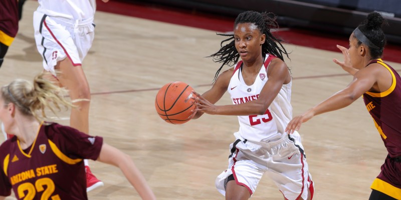 Freshman guard Kiana Williams (above) scored a combined 28 points in Stanford's upset wins over No. 16 Oregon State and No. 6 Oregon over the weekend.(BOB DREBIN/isiphotos.com)