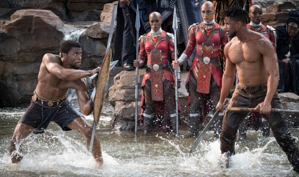 T'Challa (Chadwick Boseman, left) and Killmonger (Michael B. Jordan, right) face off in Marvel's newest release, "Black Panther," directed by Ryan Coogler. (Courtesy of Marvel Studios)