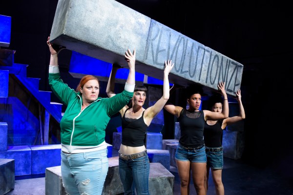 Ensemble cast members (from left) Cat Luedtke, Elissa Beth Stebbins, Leigh Rondon-Davis, and Karla Acosta freeze in a moment of revolution. (Courtesy of Alessandra Mello)