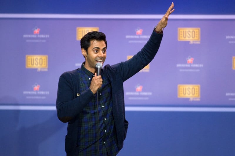 Comedian Hasan Minhaj performs during the comedy show in celebration of the 75th anniversary of the USO and the 5th anniversary of Joining Forces at Joint Base Andrews in Washington, D.C. May 5, 2016. (EJ HERSOM/DoD News)
