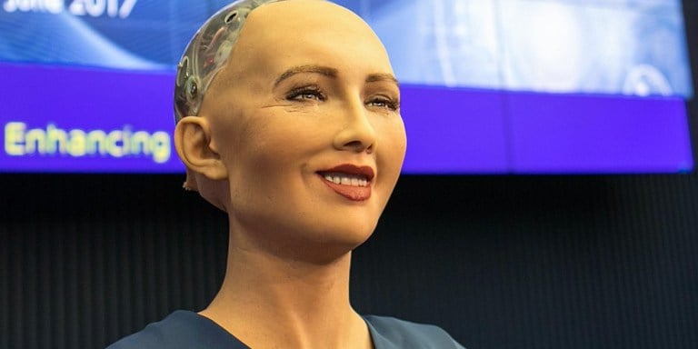 "How do you know if you are human?" Sophia, the world's first robot-citizen. (Courtesy of the International Telecommunication Union)