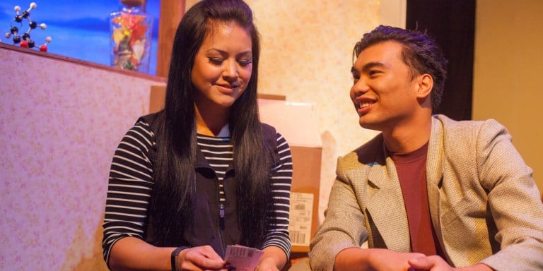 Veronica Lee (Heather Mae Steffen) opens up to her friend Travis (Lorenz Angelo Gonzales). (MICHAEL CRAIG/Pear Theatre)