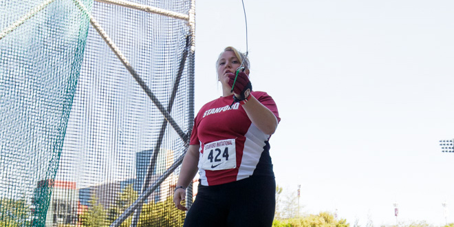 Senior thrower and shot putter Lena Giger (above) was named the Pac-12 field player of the week for her performance at the Triton invitational. She was 2.5 inches away from breaking a Stanford school record. (BOB DREBIN/isiphotos.com)