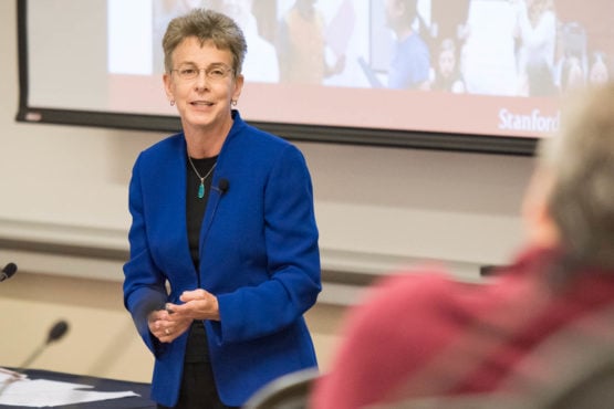 Patricia Gumport at Thursday's Faculty Senate meeting (L.A. Cicero/STANFORD NEWS)