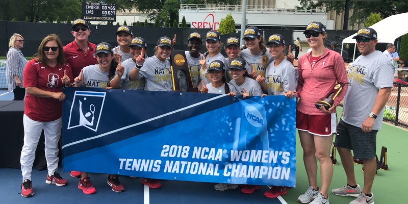 Stanford women's tennis celebrates after earning the 19th NCAA Title in program history. The team defeated No. 1 Vanderbilt in a tight 4-3 finale that rode on the shoulders of junior Melissa Lord (Courtesy of Stanford Athletics).