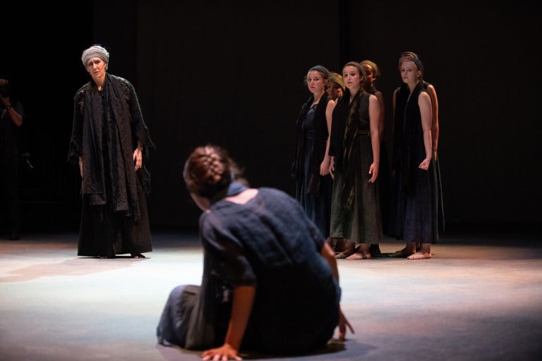 (Left to right) Courtney Walsh, Lea Claire Zawada, Emma Rothenberg, Jennie Brick, Brenna McCulloch, Gianna Clark, Regan Lavin and Amber Levine in "Hecuba/Helen." (Courtesy of Zachary Dammann)