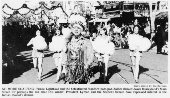 Prince Lightfoot, the human incarnation of the mascot, was played by Timm Williams, a member of the Yurok tribe from Northern California (Courtesy of The Stanford Daily Archives)