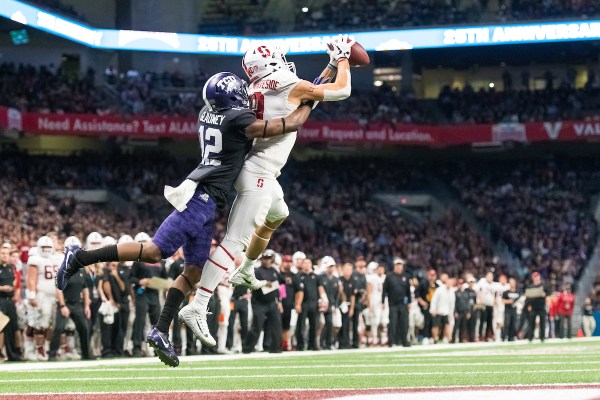 Senior wideout JJ Arcega-Whiteside making a leaping touchdown catch in the Alamo Bowl last season. Arcega-Whiteside was the star of Friday night's opener, tallying 223 receiving yards and 3 touchdowns. (JIM SHORIN/stanfordphoto.com)