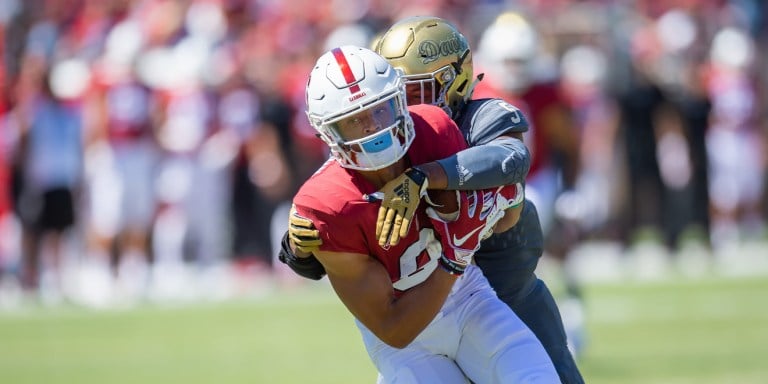 Sophomore wide receiver Osiris St. Brown catches a pass against UC Davis in Stanford Stadium. St. Brown is poised for a breakout season as a sophomore. (DAVID BERNAL/isiphotos.com)