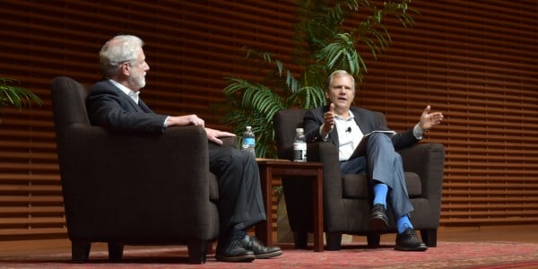 Chairman and former publisher of the New York Times, Arthur Ochs Sulzberger Jr., talks with CISAC professor Philip Taubman '70 about reporting during the "Trump bump."