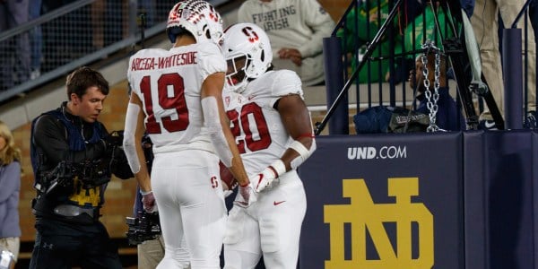 Senior running back Bryce Love (#20 above) and senior JJ Arcega-Whiteside (#19 above) each had a touchdown in Stanford's loss to Notre Dame last weekend. The Cardinal will return home this weekend to face Utah. (BOB DREBIN/isiphotos.com)
