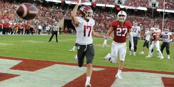 Senior linebacker Sean Barton (right) watches Washington State's Kyle Sweet waltz into the end zone during Stanford's 41-38 loss. (MICHAEL KHEIR/isiphotos.com)