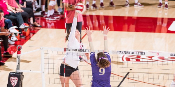 Junior opposite Audriana Fitzmorris goes up for a kill during a match earlier this season. Fitzmorris had a career day with 14 kills on a .414 shooting percentage as Stanford won both their matches this past weekend to remain undefeated in conference play.