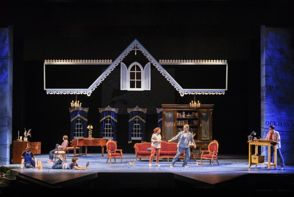 Jack Barrett, Lila Gold, Billy Hutton, Crissy Guerrero, James Lloyd Reynolds, and Moira Stone star in TheatreWorks' "Fun Home" (courtesy of Kevin Berne).