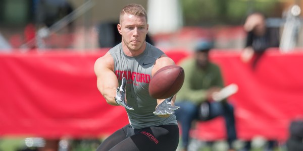 Former Stanford running back Christian McCaffrey (above) ran 17 times for 79 yards and two touchdowns in the Carolina Panthers' win over the Tampa Bay Buccaneers. (DAVID BERNAL/isiphotos.com)
