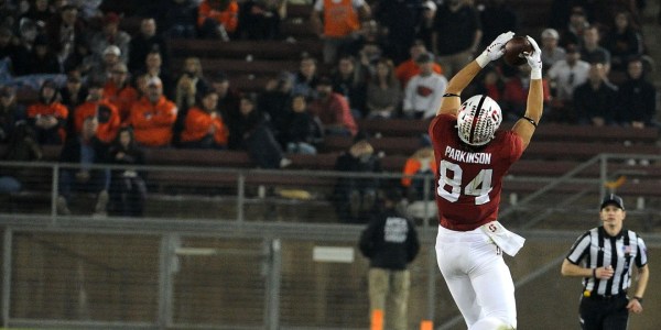 Senior tight end Colby Parkinson makes a sideline catch during Stanford's game against Oregon State on Saturday night. Parkinson had four touchdowns to propel the Cardinal to a dominant offensive performance, snapping their three-game losing streak.