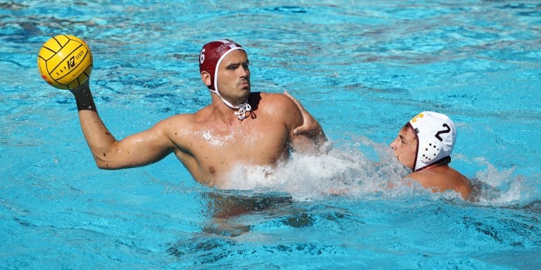 Redshirt sophomore Ben Hallock takes a shot during a game against UCLA this past weekend. Hallock had two goals and the Cardinal made a late push to overcome a four-goal deficit, but they still fell to UCLA by a score of 10-8.