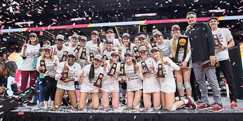 The No. 1 Stanford women's volleyball team won the program's eighth NCAA national title after defeating No. 6 Nebraska in a five-game thriller. (Courtesy of Stanford Athletics)