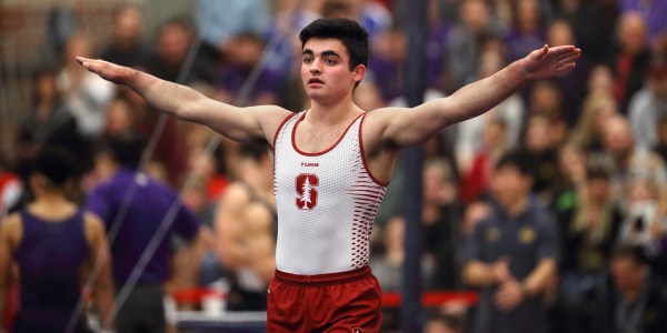 Sophomore Bryan Perla competes during the Stanford Open this past weekend. Perla posted a career-high 14.700 score on the floor exercise to help top-ranked Stanford sweep their Bay Area competition.