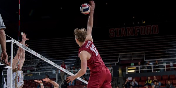 Senior outside hitter Jordan Ewert (#12 above) was the driving force behind Stanford's offense against Hawaii. Although the Cardinal's performance was lackluster, Ewert scored double digit kills in both games. (KAREN AMBROSE HICKEY/Stanford Athletics)
