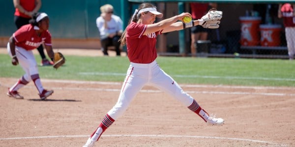 Senior pitcher Carolyn Lee (above) started the game against Bradley, retiring the first nine batters that she faced, boosting the Cardinal to an opening day win. (BOB DREBIN/isiphotos.com)
