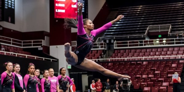 Sophomore Kyla Bryant (above) has had an explosive season thus far, claiming 13 event titles after only winning three last year. Bryant ranked No. 16 in all-around, averaging a total score of 39.340. The Mardi Gras Invitational in St. Charles, MO, kicks off today at 4:30 p.m. PT. (KAREN AMBROSE HICKEY/isiphotos.com)