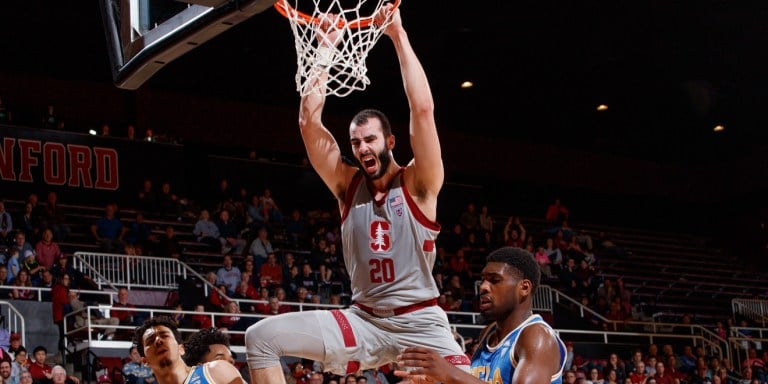 Senior center Josh Sharma (above) was named the Pac-12 Player of the Week for his work in helping Stanford take down the Southern California schools this past weekend. The all-star center is shooting 69 percent from the field this season. (BOB DREBIN/isiphotos.com)