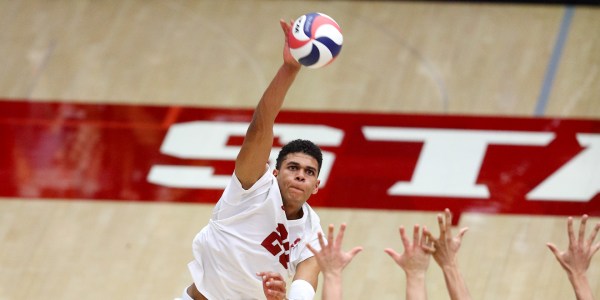 Sophomore opposite Jaylen Jasper (above) rises high for the Cardinal, hammering home 16 and 29 kills in his most recent games, as Stanford seeks extend win streak to 3 games. (HECTOR GARCIA-MOLINA/isiphotos.com)