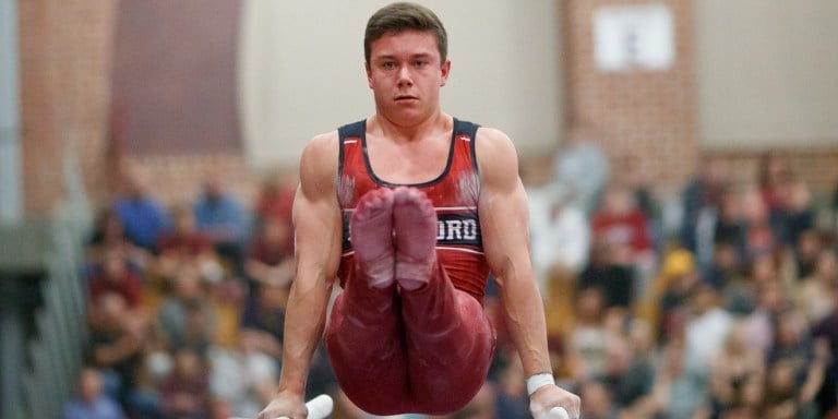 Freshman Brody Malone (above) ranks first (82.917) in the country in the All-Around score. The No. 2 Stanford men's gymnastics team hosts Olympic Champion Japan and Cal on Saturday. (BOB DREBIN/isiphotos.com)