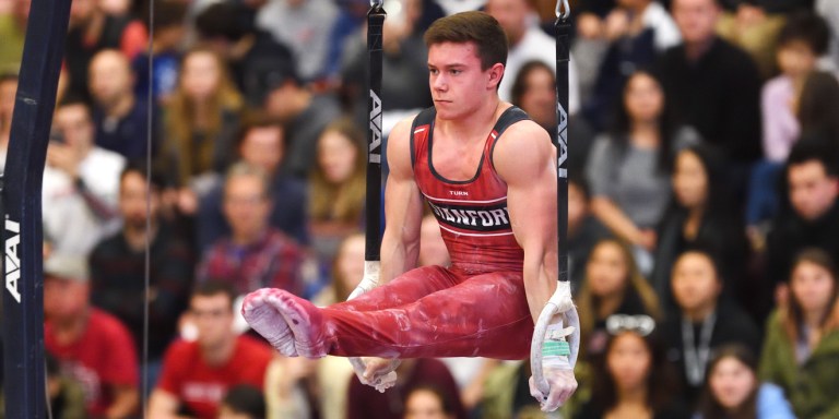 Freshman Brody Malone (above) stole the show last Saturday afternoon, claiming the All-Around and high bars event titles as the Cardinal hosted Olympic Champions Japan and California. (HECTOR GARCIA-MOLINA/isiphotos.com)