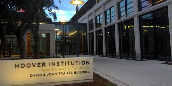 The Hoover Institution sign outside of the building