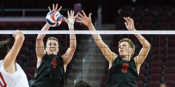 Junior Eric Beatty (number 4 above), Junior Stephen Moye (number 9 above), and the rest of the men's volleyball team take on Grand Canyon University this weekend in their final regular season match up. (ROB ERICSON/isiphotos.com)
