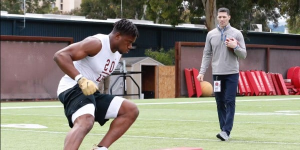 Fifth-year linebacker and team co-captain Bobby Okereke (above) improved his combine 3-cone time of 7.25 with a 7.03 at the Stanford Pro Timing Day on Thursday. (Courtesy of Stanford Athletics).
